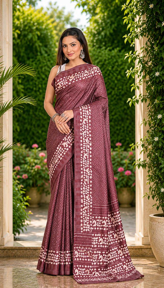 Woman wearing a mauve Kantha Batik saree with cream circular buti motifs and patterned border, standing in a sunlit garden courtyard.