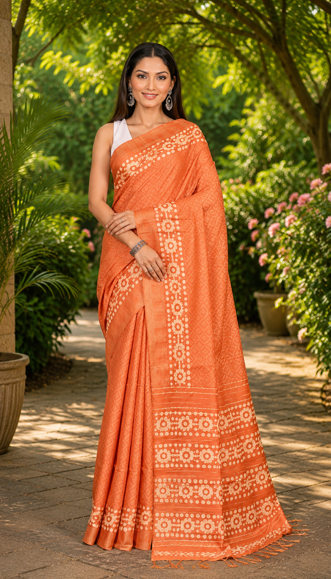 Woman wearing a burnt orange Kantha Batik saree with cream geometric motifs and patterned borders, standing on a sunlit garden path