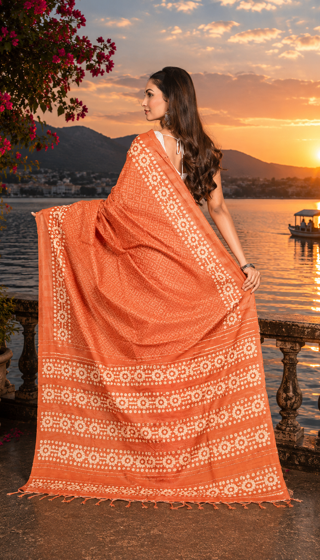 Back view of a woman displaying a burnt orange Kantha Batik saree with cream geometric motifs and patterned borders beside a lake at sunset.