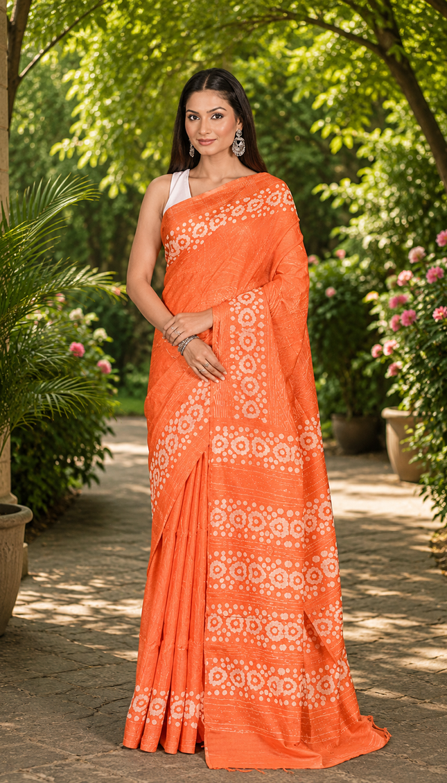 Full-length front view of a woman wearing a peach Kantha geometric saree with cream circular buti motifs and patterned pallu in a garden
