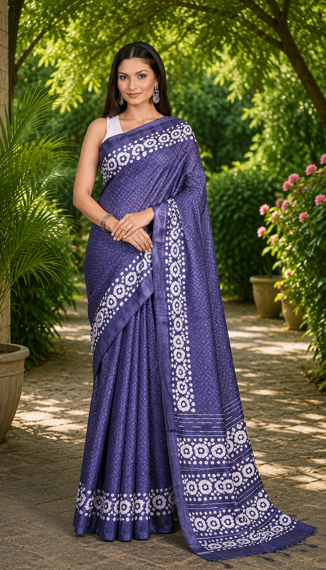 Full-length front view of a woman wearing a steel blue Kantha Batik saree with white buti motifs and patterned border in a garden