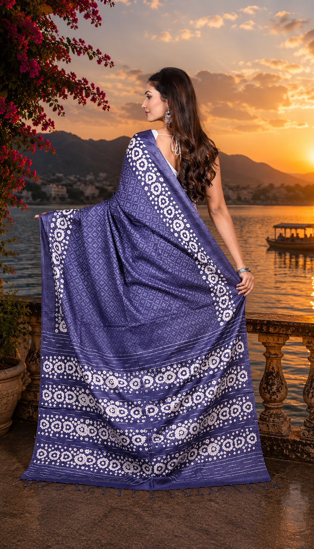 Back view of a woman displaying a steel blue Kantha Batik saree with white buti motifs and patterned border at sunset by a lake