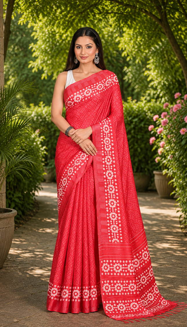Woman wearing a coral red Kantha Batik fusion silk saree with cream floral buti motifs on a garden path