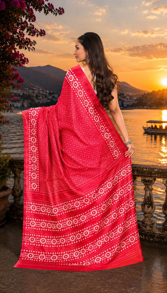 Back view of a woman displaying a coral red Kantha Batik fusion silk saree with cream floral buti motifs by a lakeside at sunset