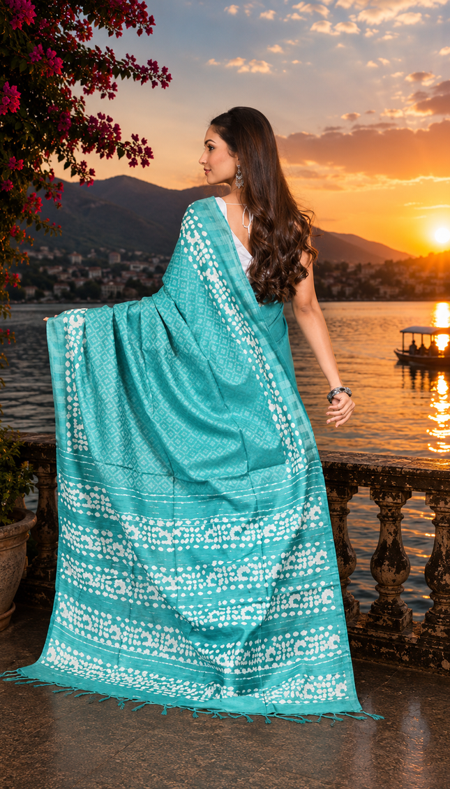Back view of a woman displaying a teal Kantha Batik saree with white buti motifs and patterned border beside a lake at sunset.