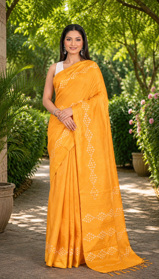 Full-length front view of a woman wearing a marigold Kantha geometric saree with white diamond motifs and tasseled pallu in a garden