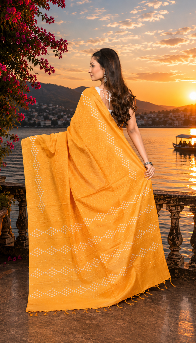 Back view of a woman displaying a marigold Kantha geometric saree with white diamond motifs and tasselled pallu at sunset by a lake