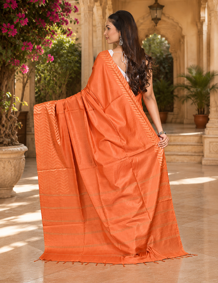 Back view of a woman displaying a coral orange cotton Fishbone saree with a zigzag herringbone border and striped pallu in a sunlit courtyard.