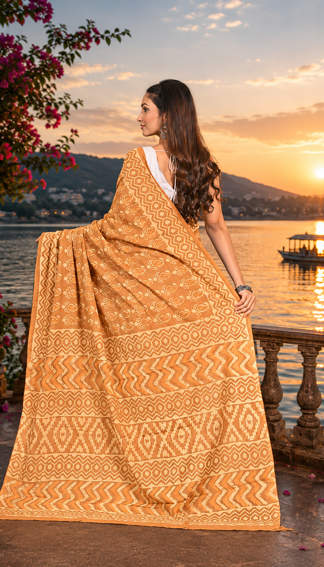 Model showing the back drape of a mustard yellow Jaipur cotton Dabu saree with white hand-block motifs, geometric borders, zigzag bands, and diamond-patterned pallu beside a lake at sunset.