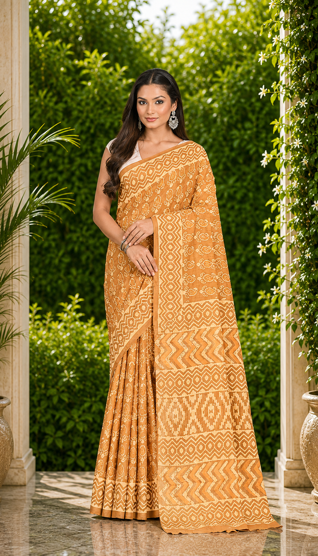 Model wearing a mustard yellow Jaipur cotton Dabu saree with white hand-block motifs, geometric borders, striped bands, and diamond-patterned pallu, full-length front view in a garden doorway.