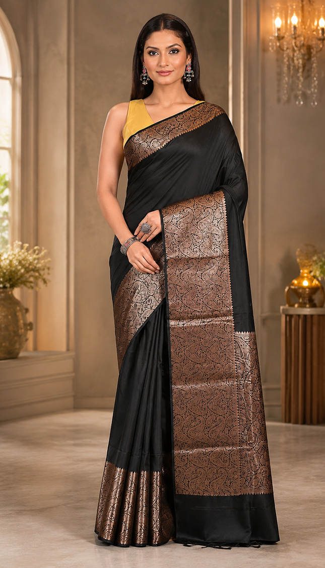 Model wearing a black cotton saree with a golden Zari border, patterned pallu, and metallic woven detailing, full-length front view in an elegant interior.