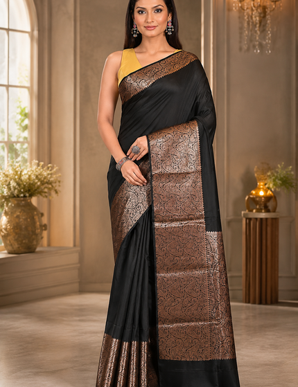 Model wearing a black cotton saree with a golden Zari border, patterned pallu, and metallic woven detailing, full-length front view in an elegant interior.