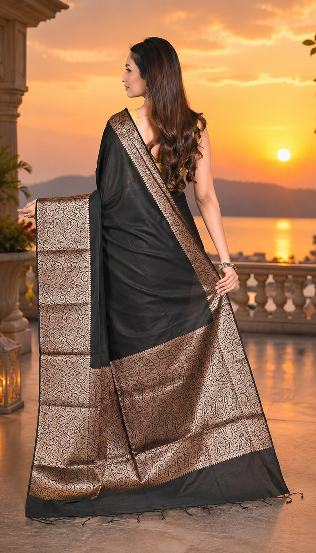 Model showing the back drape of a black cotton zari saree with a golden patterned border and pallu, featuring metallic woven detailing at sunset.