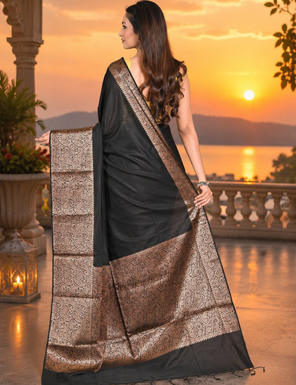 Model showing the back drape of a black cotton zari saree with a golden patterned border and pallu, featuring metallic woven detailing at sunset.