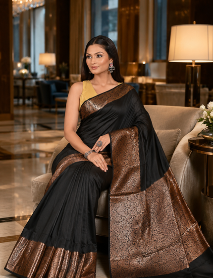 Model seated on a sofa wearing a black cotton zari saree with a golden patterned border and pallu, showcasing metallic woven detailing in an elegant interior.