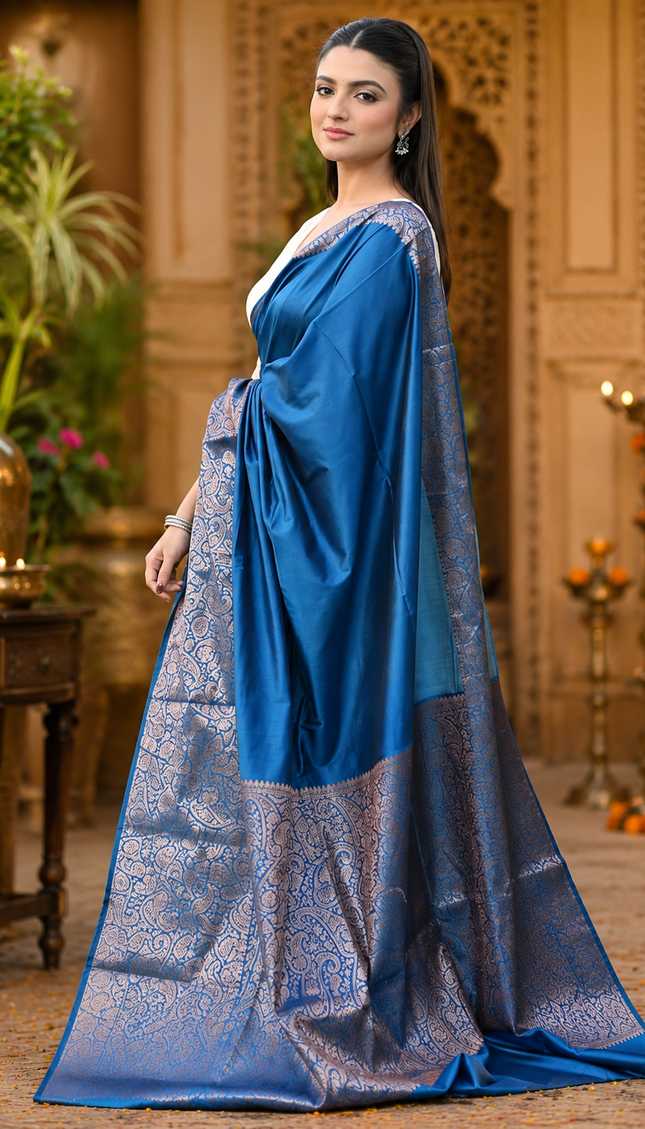 Sky Blue Cotton Zari Saree — Handwoven Metallic B... - Saree | KalamKantha