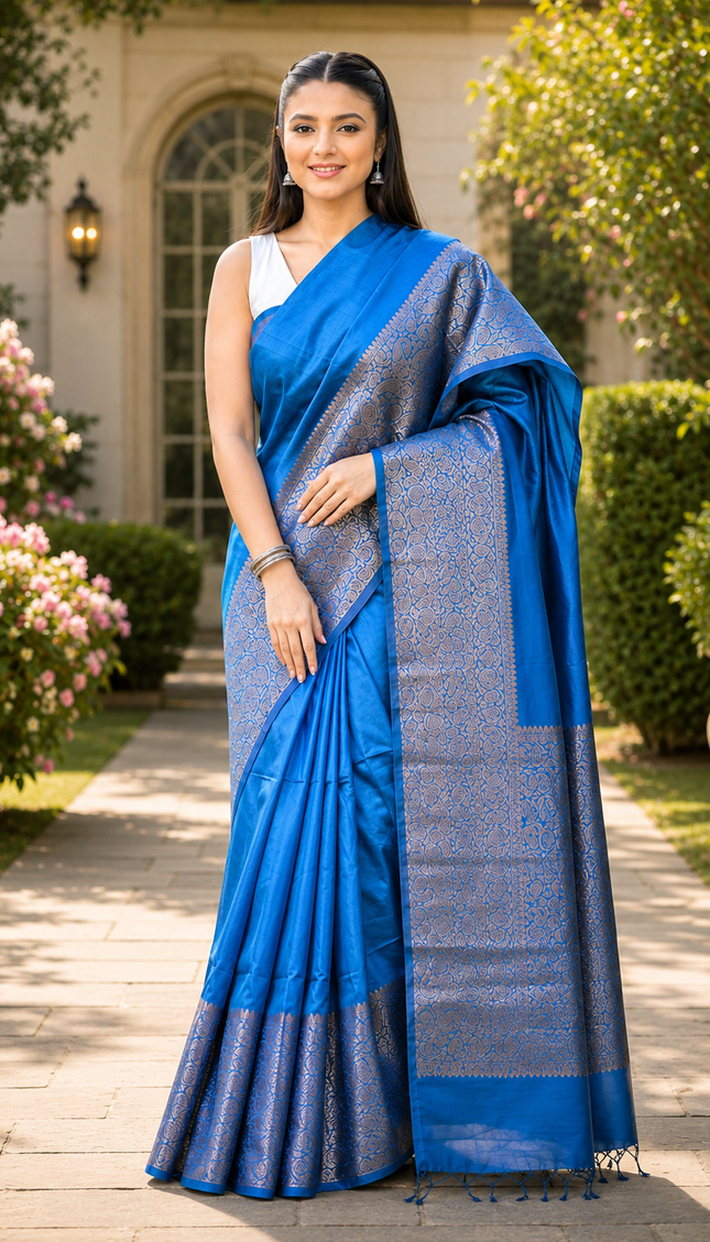 Sky Blue Cotton Zari Saree — Handwoven Metallic B... - Saree | KalamKantha