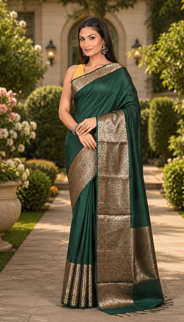 Bottle green handwoven cotton zari saree front view with antique gold zari border and pleated pallu