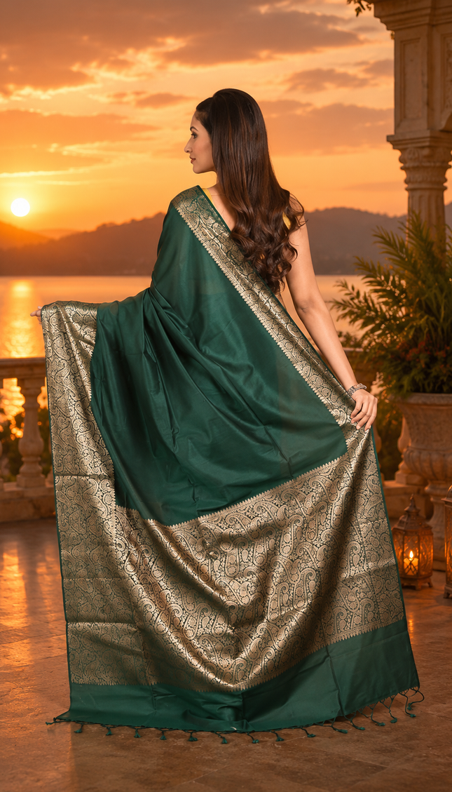 Bottle green handwoven cotton zari saree back view with pallu spread showing antique gold zari border