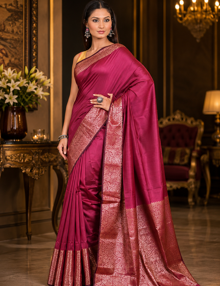 Magenta handwoven cotton zari saree front view with rose-gold zari border