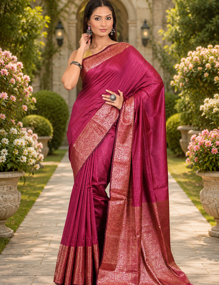 Magenta handwoven cotton zari saree front drape with wide rose-gold zari border and pleated pallu