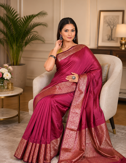 Magenta handwoven cotton zari saree seated view showing rose-gold zari border and pallu detail