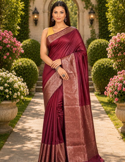 Maroon handwoven cotton zari saree front view with copper-rose zari border and pleated pallu