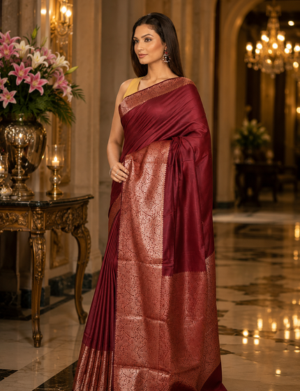 Maroon handwoven cotton zari saree side drape view with copper-rose zari pallu and border