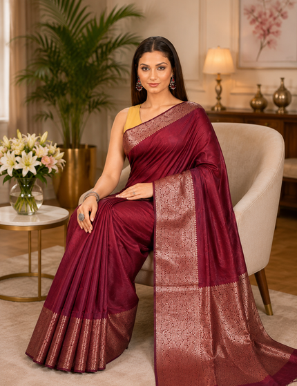Maroon handwoven cotton zari saree seated view showing copper-rose zari pallu and tasseled border