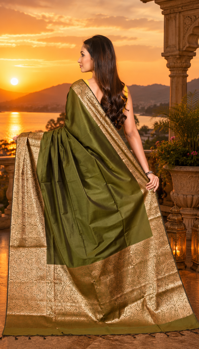 Olive green handwoven cotton zari saree back view with pallu spread showing broad antique gold zari border
