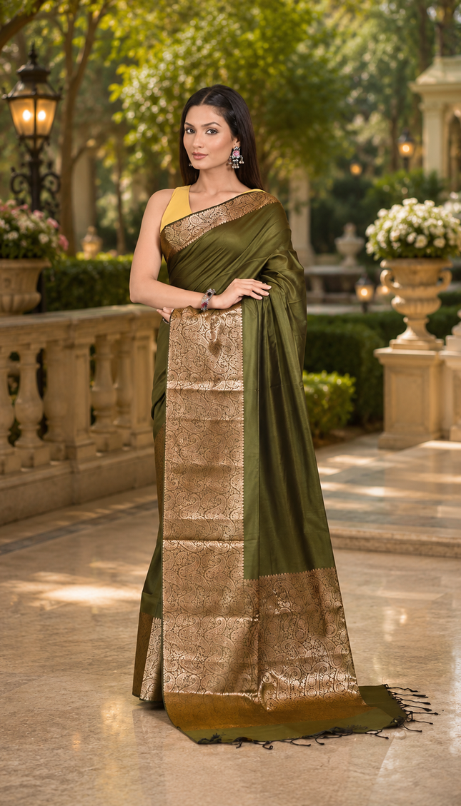 Olive green handwoven cotton zari saree front view with broad antique gold zari border and pleated pallu