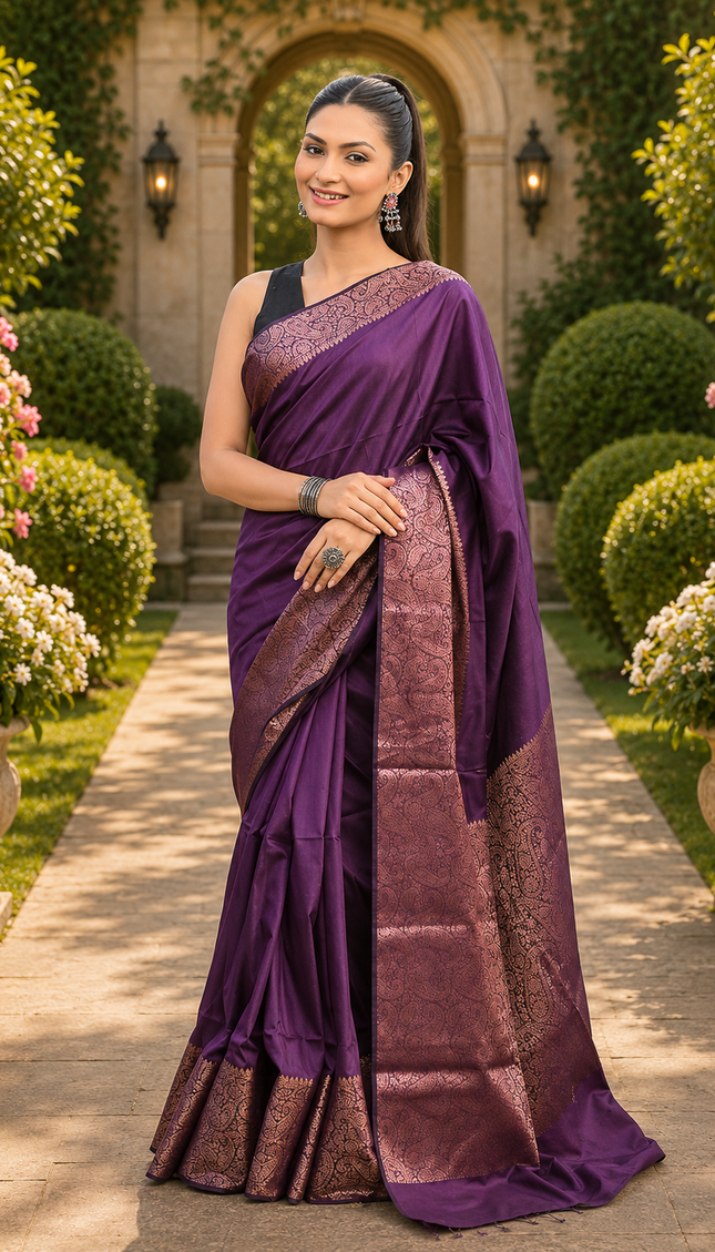 Purple Cotton Zari Saree — Handwoven Metallic Border - Saree | KalamKantha