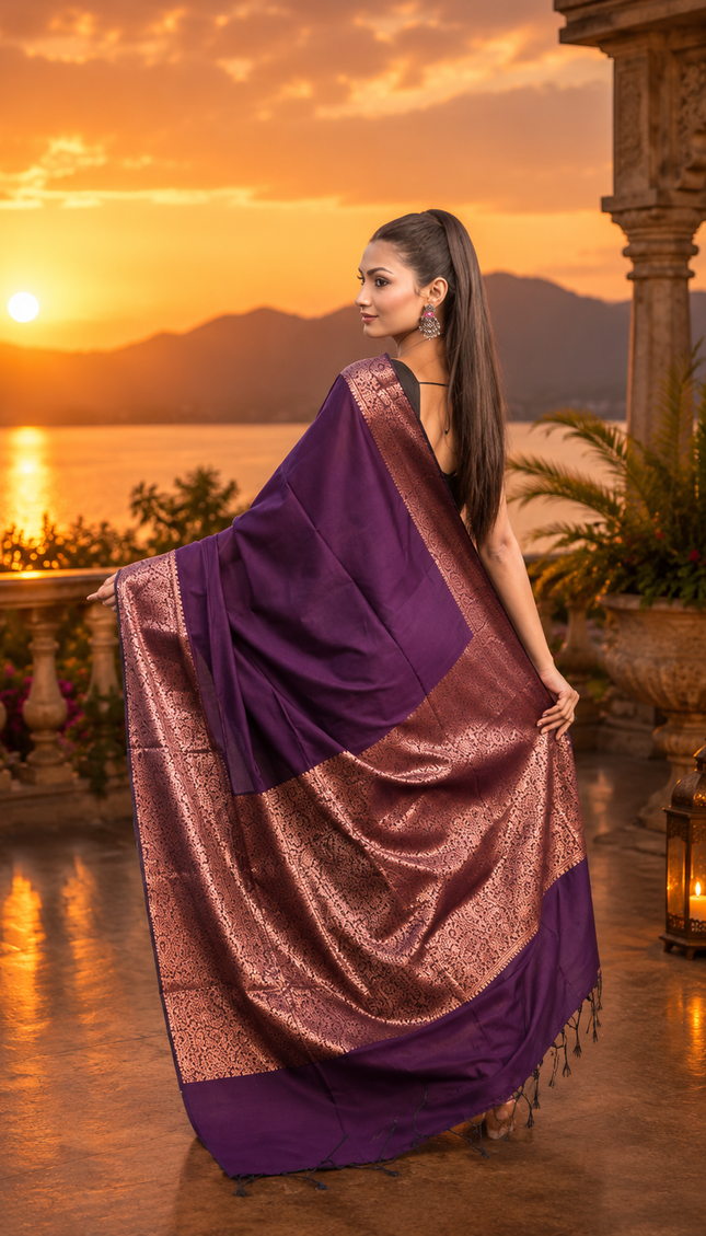 Purple Cotton Zari Saree — Handwoven Metallic Border - Saree | KalamKantha