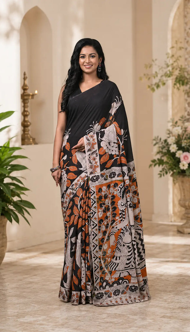Black and rust Kalamkari digital print cotton saree front view with figurative motif border and pallu