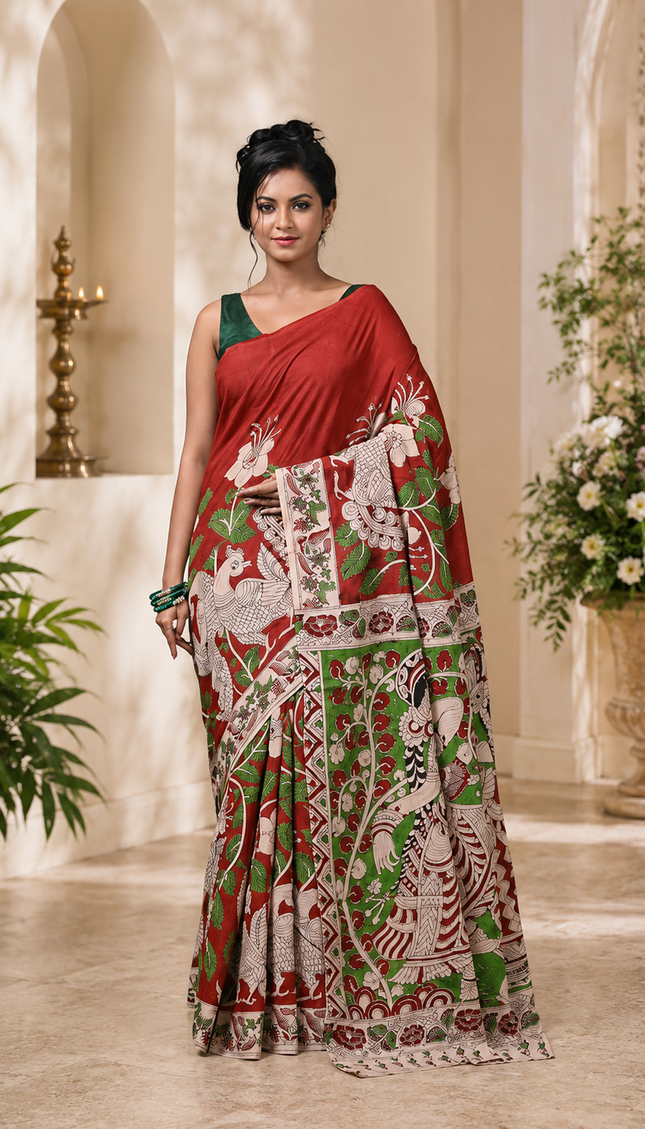 Model wearing a red and green Kalamkari digital print cotton saree, full-length front view with floral motifs and patterned pallu.