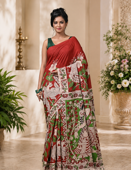 Model wearing a red and green Kalamkari digital print cotton saree, full-length front view with floral motifs and patterned pallu.