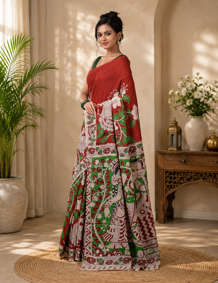 Model in a red and green Kalamkari digital print cotton saree, three-quarter view showing the printed pleats, floral motifs and patterned border.