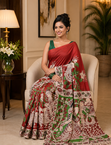 Model seated in a red and green Kalamkari digital print cotton saree, showing the patterned pallu, floral motifs and decorative border.