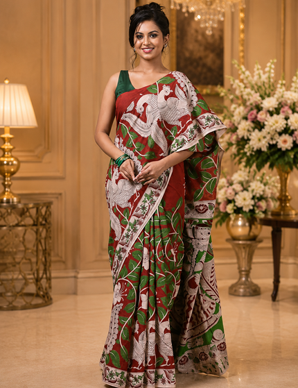 Model wearing a red and green Kalamkari digital print cotton saree, full-length view showing peacock motifs, floral vines and patterned border.