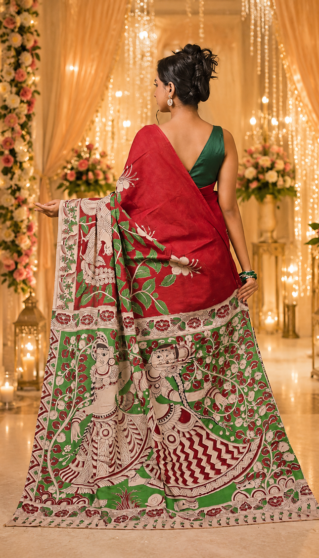 Model showing the back of a red and green Kalamkari digital print cotton saree, with a wide patterned pallu and floral border.