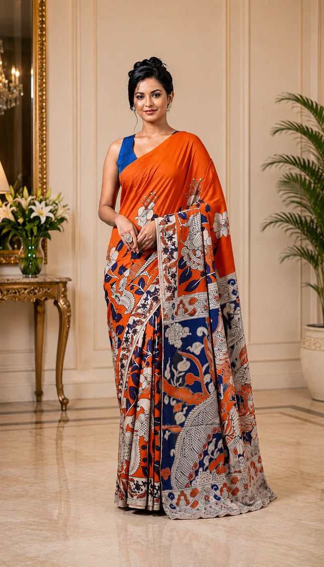 Model wearing an orange and navy Kalamkari digital print cotton saree, full-length view with white figurative motifs and patterned border.