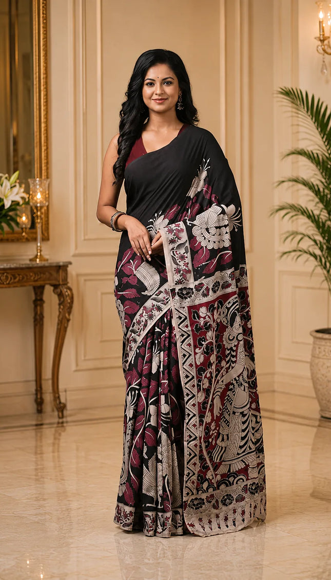 Black and maroon Kalamkari digital print cotton saree front view with figurative motif border