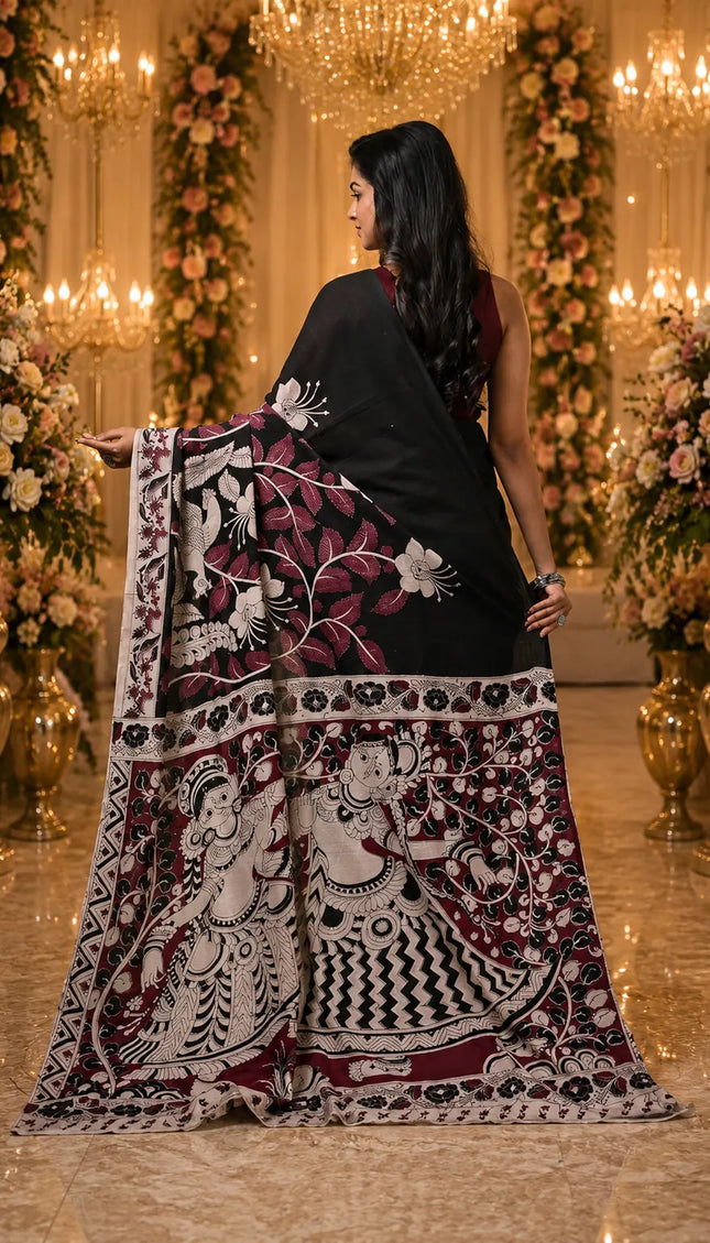 Black and maroon Kalamkari digital print cotton saree back view with pallu spread showing figurative motifs