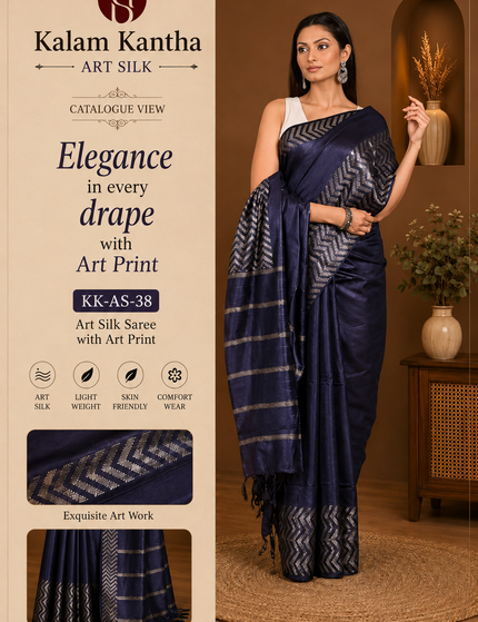 Catalogue-style product image showing a woman wearing a navy blue cotton Fishbone saree with silver chevron border and striped pallu, alongside Kalam Kantha branding and fabric-detail panels.