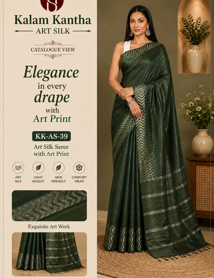 Catalogue-style product image showing a woman wearing a bottle green Fishbone saree with zigzag herringbone border and striped pallu, alongside Kalam Kantha branding and fabric-detail panels.