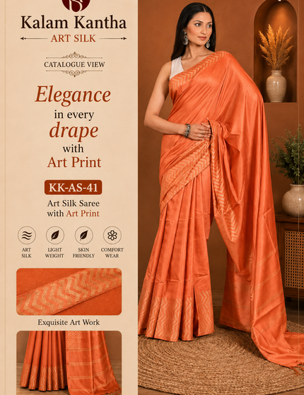 Catalogue-style product image showing a woman wearing a coral orange Fishbone saree with zigzag herringbone border and striped pallu, alongside Kalam Kantha branding and fabric-detail panels.