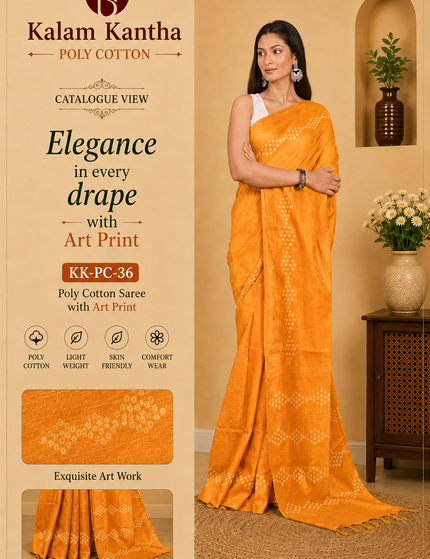 Catalogue-style product image showing a woman wearing a burnt orange Kantha Batik saree with cream geometric motifs and patterned border, alongside Kalam Kantha branding and fabric-detail panels.
