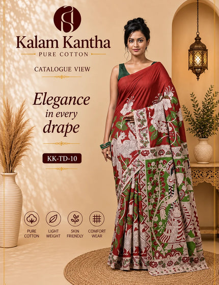 Kalam Kantha catalogue banner featuring a model in a red and green Kalamkari cotton saree with floral and peacock motifs.