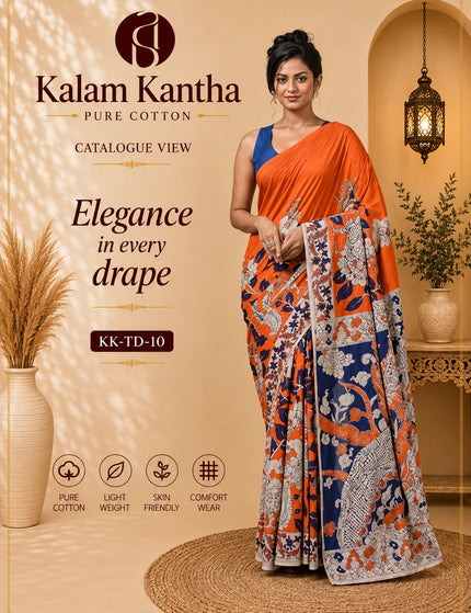 Kalam Kantha catalogue banner featuring a model in an orange and navy Kalamkari cotton saree with figurative motifs and decorative border.