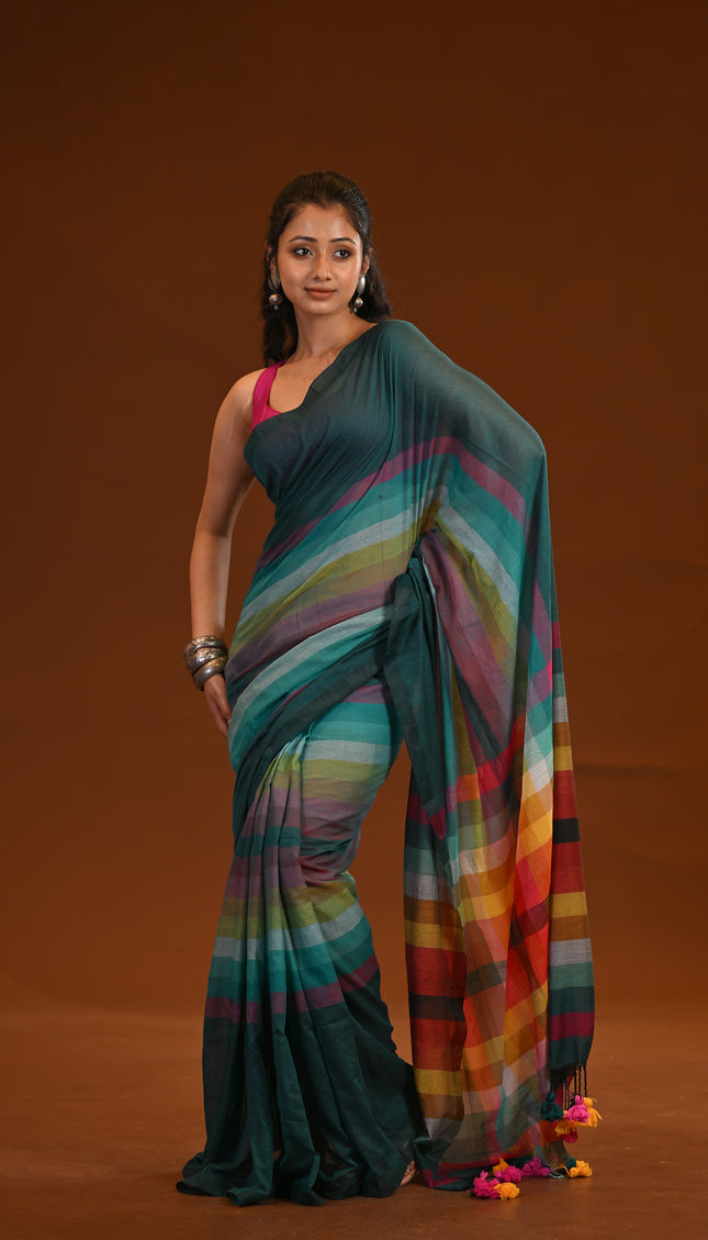 Teal Multicolour Stripe Mulmul Saree